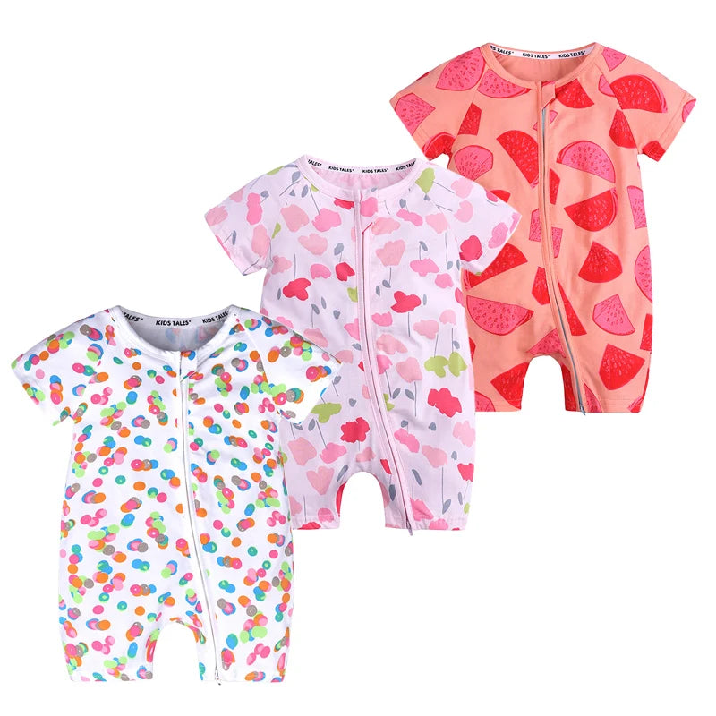 3PCS 100% Cotton Baby Rompers: Cartoon-Printed Infant Bodysuits for Summer