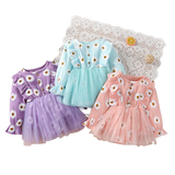 Baby Girl Long Sleeve Daisy Print Tulle Romper Dress with Ruffles - Babbez