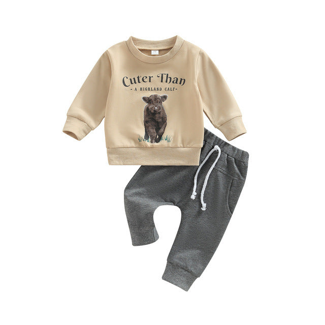 Western Cowboy Style Baby Boy Clothes Set - Cow Print Sweatshirt and Drawstring Pants