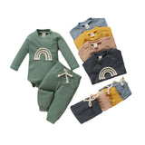 Rainbow Print Plaid Knitted Long Sleeve Rompers+Pants 2pcs Casual Outfits for Toddler Infant Baby Boy Girls