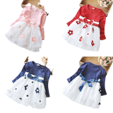 Spring Flower Dresses for Baby Girls with Long Sleeve and Bow Knot