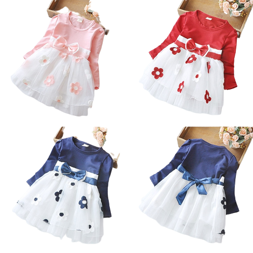 Spring Flower Dresses for Baby Girls with Long Sleeve and Bow Knot