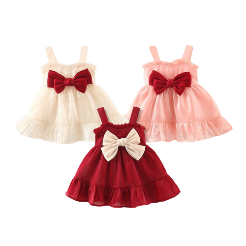 Summer Baby Girl Fashion Birthday Party Dress with Mesh and Bow