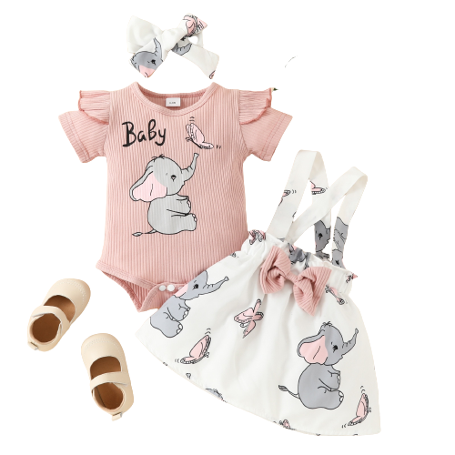 Fox and Elephant Baby Girl Outfit: Romper, Suspender Dress, and Cute Cartoon Style