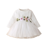Infant Baby Girls Princess Dress: Long Sleeve Knitted Ribbed Flower Embroidery Lace Patchwork Layered Tutu Dress