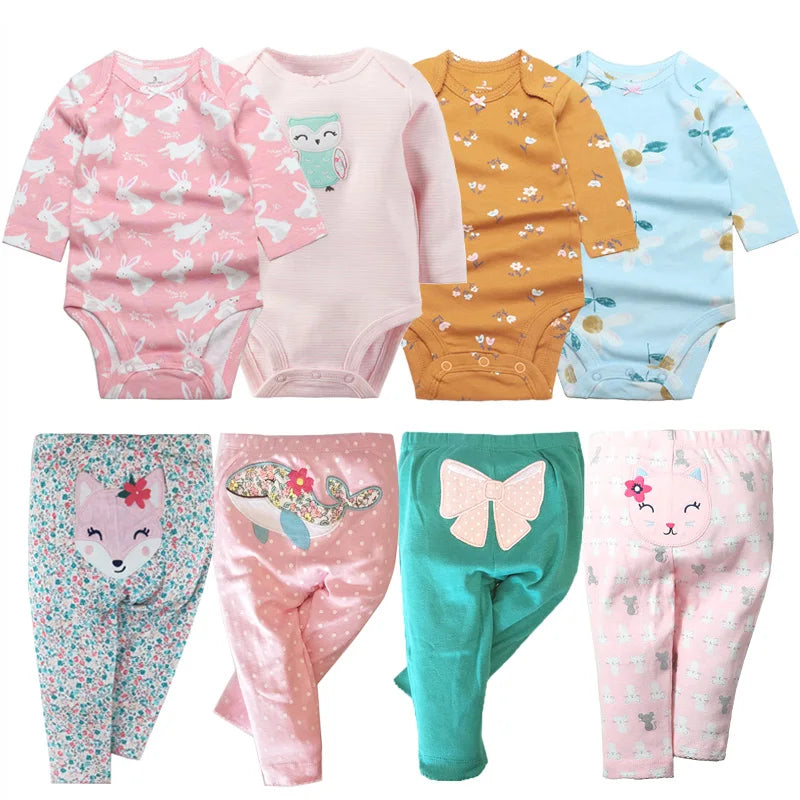 2022 Cotton Newborn Baby Sets 4pcs Baby Bodysuits+4pcs Baby Pants Boys Baby Clothing Sets Full Sleeve Baby Girl Clothes Cartoon