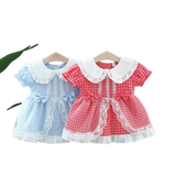 Summer Plaid Baby Girl Dress with Lace Bow and Puff Sleeves