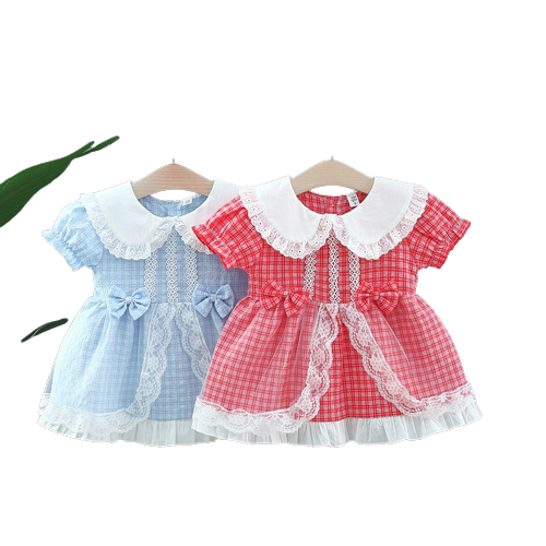 Summer Plaid Baby Girl Dress with Lace Bow and Puff Sleeves