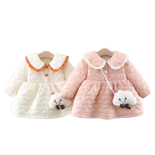 Sweet Winter Baby Girl Dress Set with Lapel Collar and Cotton Fabric