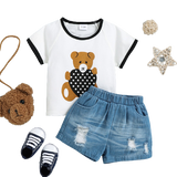 Adorable Baby Boy Summer Outfit Set with Heart Bear T-shirt and Denim Shorts