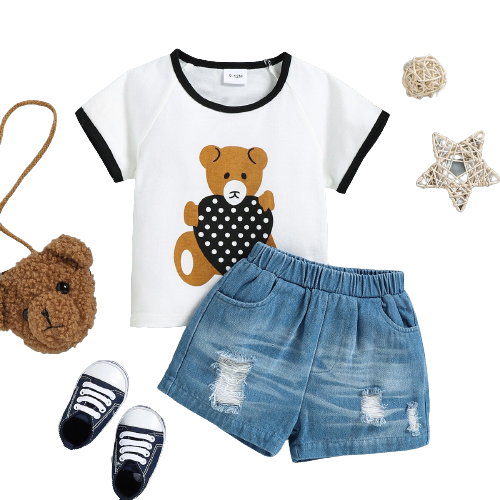 Adorable Baby Boy Summer Outfit Set with Heart Bear T-shirt and Denim Shorts