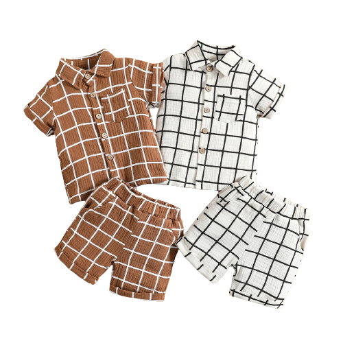 Toddler Baby Boy Plaid Lapel Short Sleeve Outfit Set