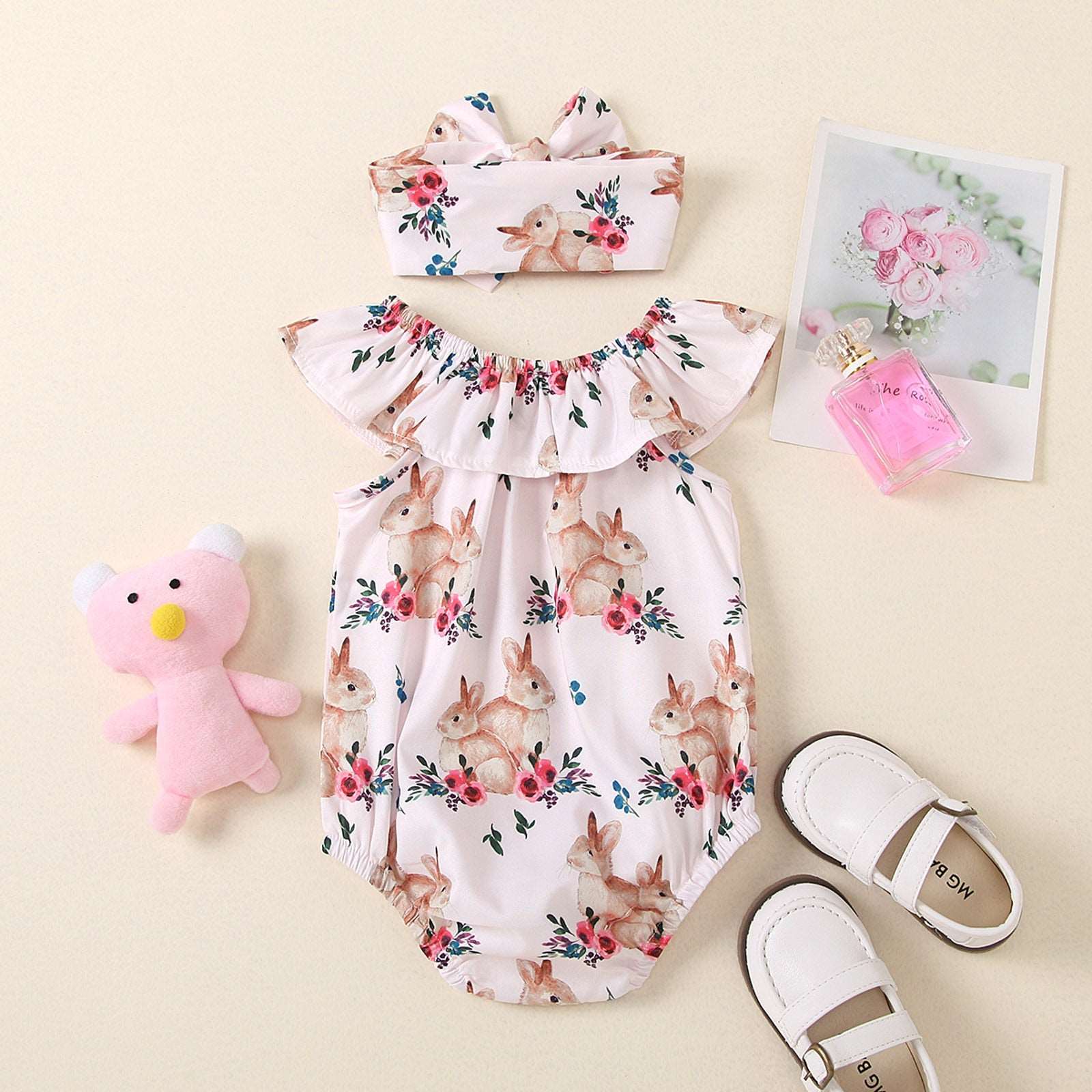 2Pcs Bunny Printed Easter Day Outfits for Baby Girls: Bodysuit and Headband Set