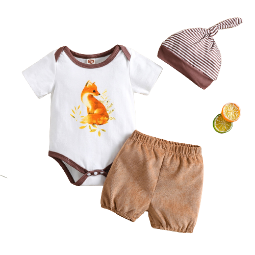 Cute and Comfy Summer Outfit for Baby Boys: Short Sleeve Fox Print Romper and Elastic Waist Shorts Set