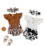 Adorable Summer Baby Girls Clothing Sets with Ribbed Knitted Ruffles Button Bodysuits and Cow Print Shorts
