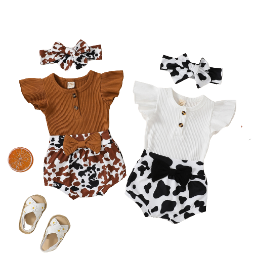 Adorable Summer Baby Girls Clothing Sets with Ribbed Knitted Ruffles Button Bodysuits and Cow Print Shorts