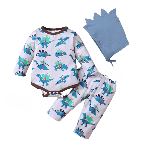 3-Piece Dinosaur Printed Newborn Bodysuit Set for Boys and Girls