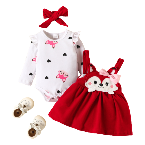 Cute and Adorable Baby Girl Outfit Set with Cartoon Fox Dress and Heart Romper