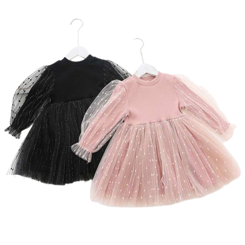 Polka Dot Princess: Long Sleeve Tulle Dress for Toddler Girls