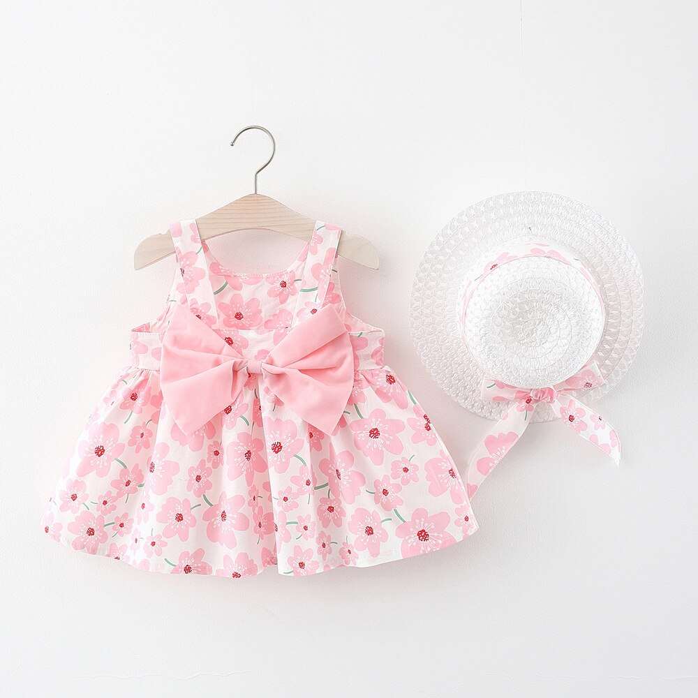 2-Piece Set of Summer Flower Sling Dresses with Bow for Baby Girls