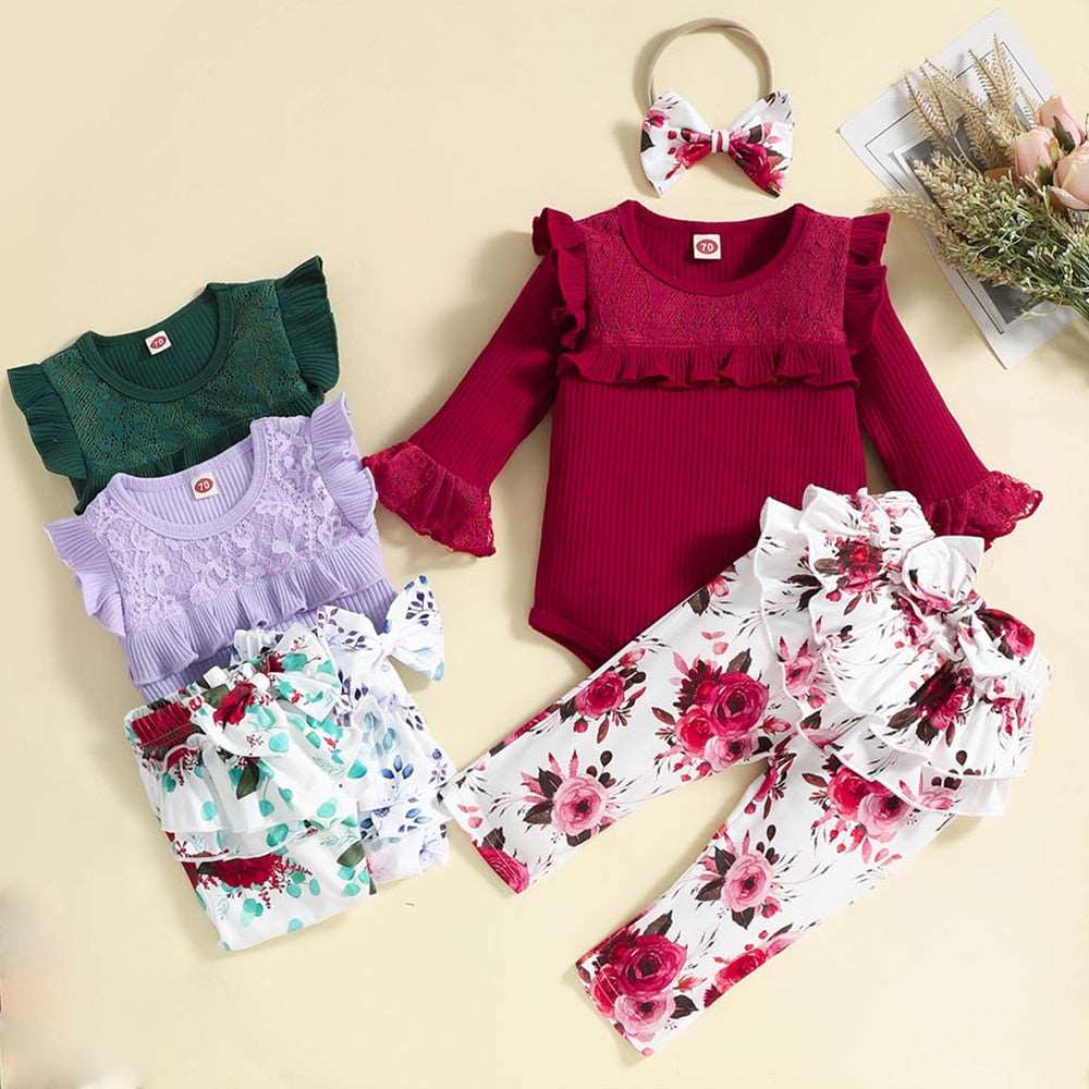 0-2Y Newborn Baby Girl Outfit Long-Sleeved Autumn Winter Romper Print Pants Headband 3Pcs Set Toddler Infant Costume