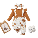 Adorable Floral Printed Baby Girl Jumpsuit with Bow Tie and Long Sleeves