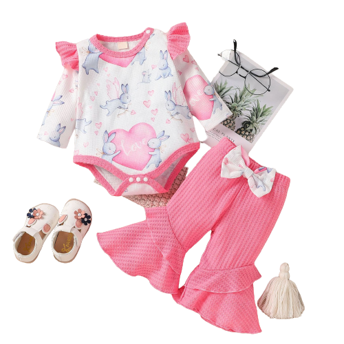 My First Easter" Baby Girl Clothing Set: Rabbit Romper and Layered Floral Bodysuit