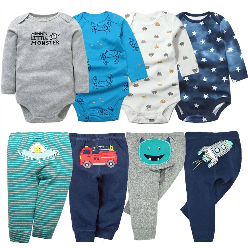 2022 Cotton Newborn Baby Sets 4pcs Baby Bodysuits+4pcs Baby Pants Boys Baby Clothing Sets Full Sleeve Baby Girl Clothes Cartoon