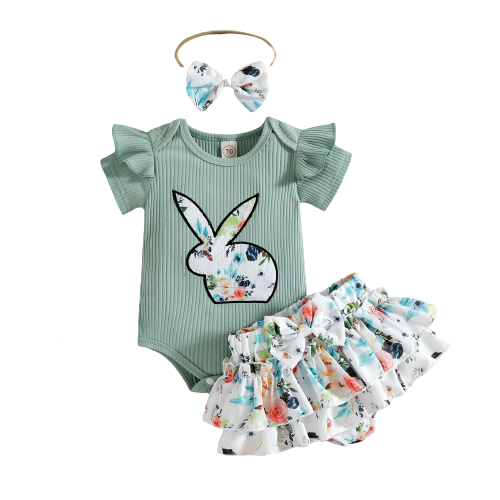 My First Easter" Baby Girl Clothing Set - Rabbit Romper and Floral Bodysuit