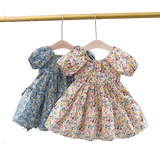 Retro Floral Baby Girl Summer Dress with Puff Sleeves and Backless Design