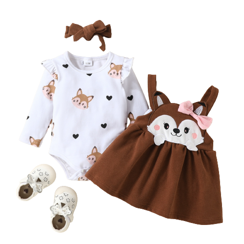 Adorable Baby Girl Party Outfit Set with Fox Dress and Bowknot Romper