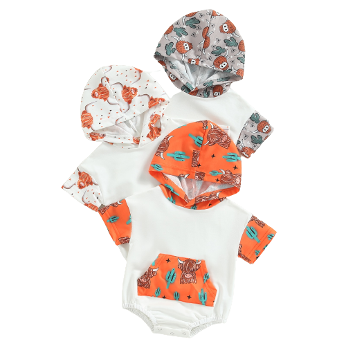 Fashionable Cattle and Cactus Print Newborn Baby Rompers for Boys and Girls