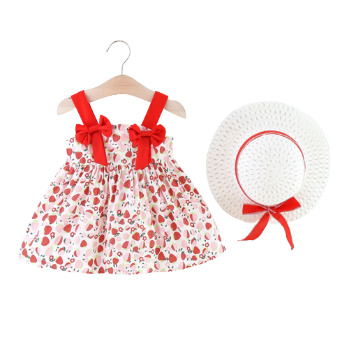 Sweet Strawberry Bow Strap Dress for Baby Girls