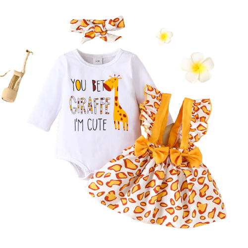 Adorable Baby Girl Outfit Set: Cartoon Fox Dress Heart Romper, Suspender Bowknot Dress, and Headband