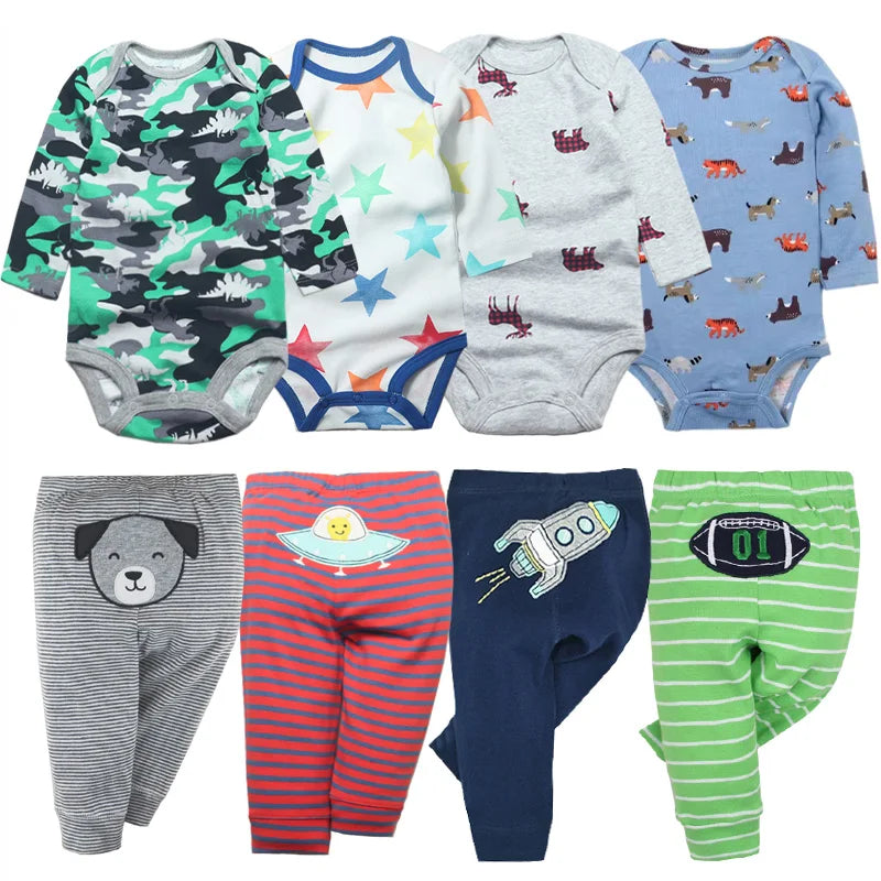 2022 Cotton Newborn Baby Sets 4pcs Baby Bodysuits+4pcs Baby Pants Boys Baby Clothing Sets Full Sleeve Baby Girl Clothes Cartoon