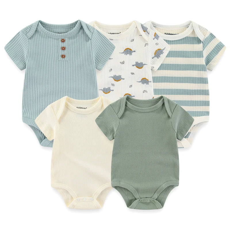 5Pieces Unisex Bodysuits 2023 Newborn Baby Girl Clothes Cotton Cartoon Baby Boy Clothes Set Solid Color Print Summer Bebes