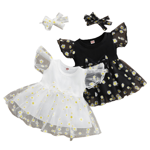 Summer Princess Baby Girls Tutu Dress with Ruffles, Fly Sleeve, and Sunflowers Print