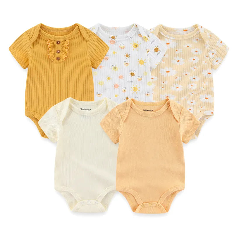 5Pieces Unisex Bodysuits 2023 Newborn Baby Girl Clothes Cotton Cartoon Baby Boy Clothes Set Solid Color Print Summer Bebes