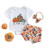Adorable Halloween Baby Girl Clothes Set - Pumpkin/Letter Print Bodysuits, Shorts and Headband