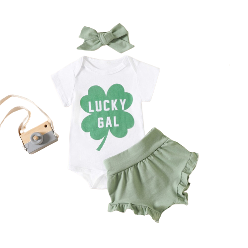 St. Patrick's Day Baby Costume: 3pcs Infant Girls Clothes Set with Clover Print