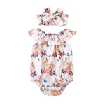 2Pcs Bunny Printed Easter Day Outfits for Baby Girls: Bodysuit and Headband Set