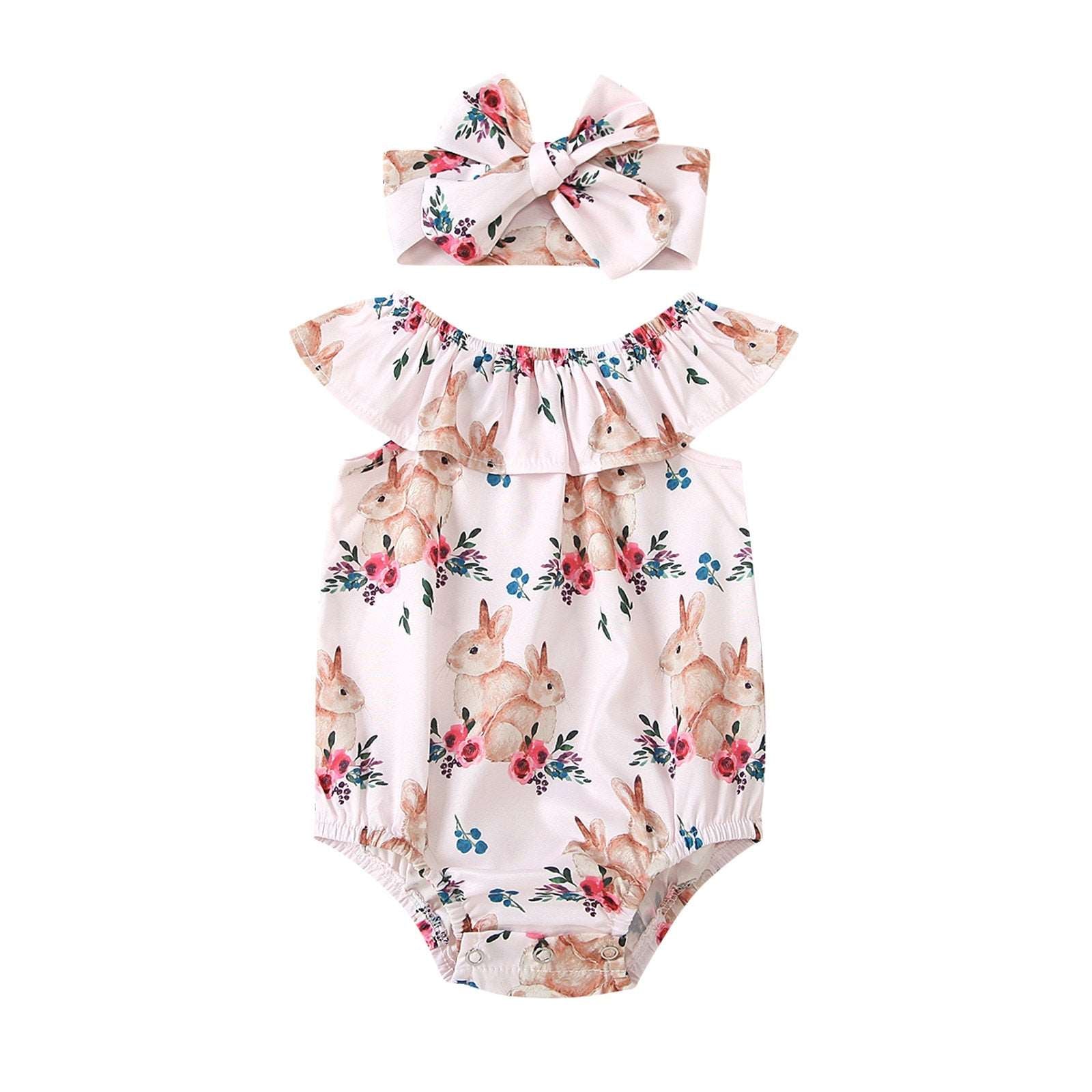 2Pcs Bunny Printed Easter Day Outfits for Baby Girls: Bodysuit and Headband Set