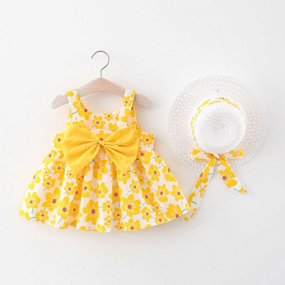 2-Piece Set of Summer Flower Sling Dresses with Bow for Baby Girls