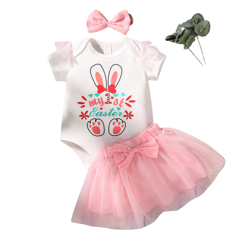 My First Easter" Baby Clothing Set for Girls: Rabbit Romper + Layered Floral Bodysuit