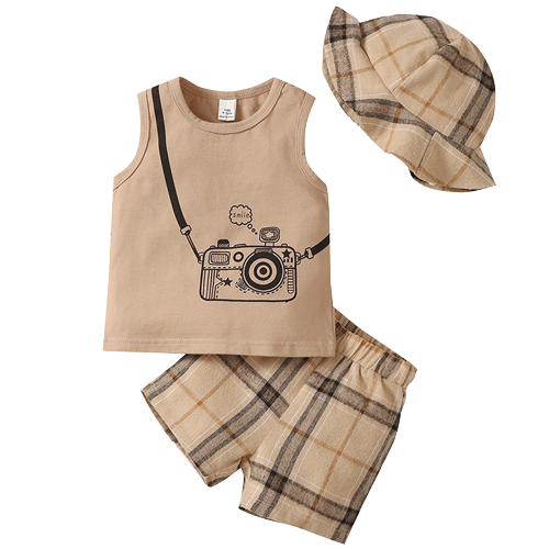 Baby Boys Camera Print Tank Top Plaid Shorts Summer Outfit