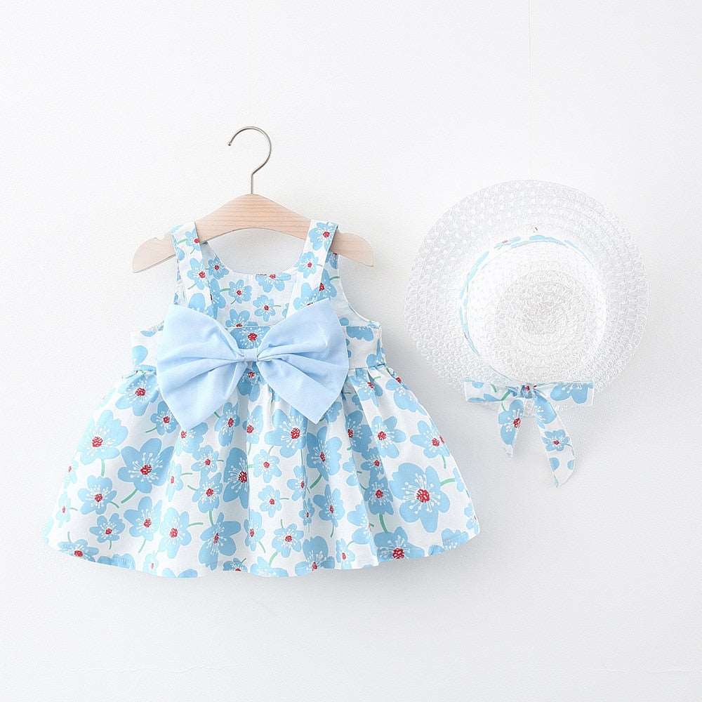 2-Piece Set of Summer Flower Sling Dresses with Bow for Baby Girls