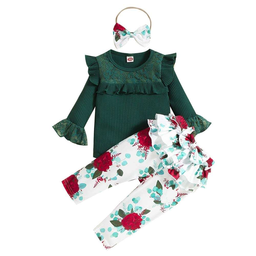 0-2Y Newborn Baby Girl Outfit Long-Sleeved Autumn Winter Romper Print Pants Headband 3Pcs Set Toddler Infant Costume