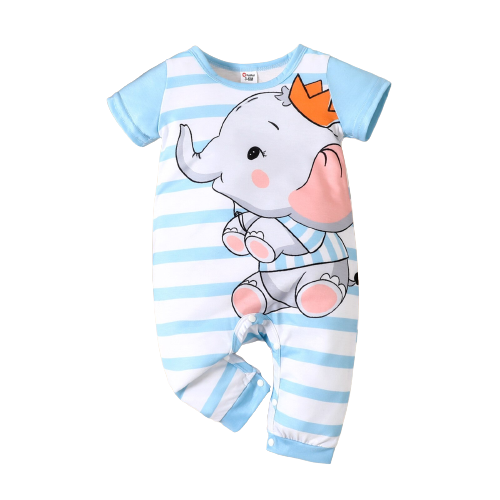 Baby Boy Cartoon Elephant Print Short-sleeve Jumpsuit