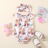 2Pcs Bunny Printed Easter Day Outfits for Baby Girls: Bodysuit and Headband Set