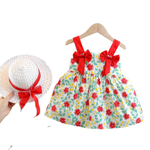 Summer Flower Bow Suspender Dress for Baby Girls